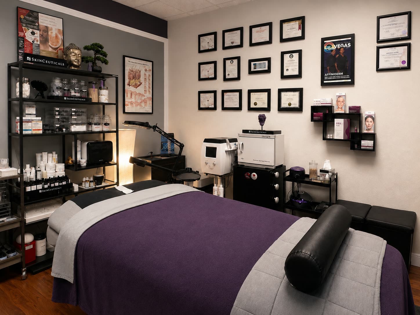 A treatment room at AffiniDerm, with the wall of professional certifications behind it